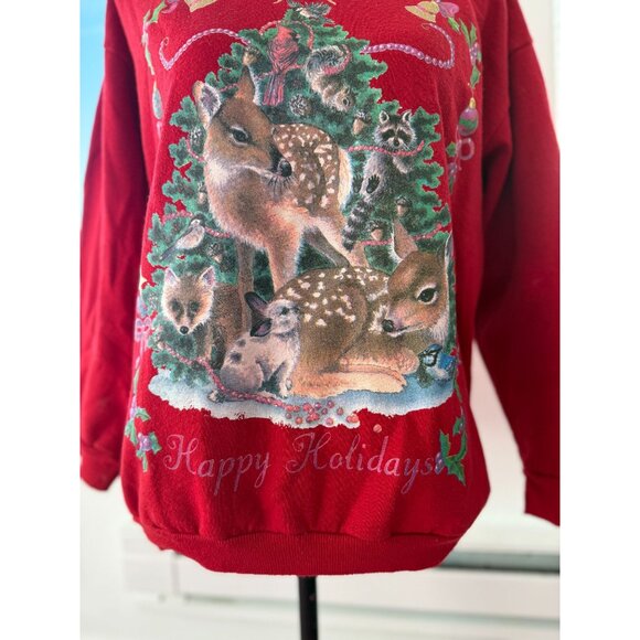 VTG 80s Red Holiday Christmas Woodland Deer, Birds, Rabbits, Raccoon, Squirrels - Picture 2 of 5